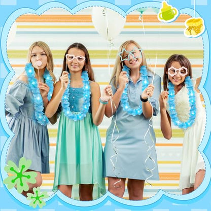 Sherr 24 Pcs LED Leis Light up Wedding Hawaiian Leis Flower Necklace with LED Lights Beach Tropical Carnival Party Wedding Supplies Luau for Masquerade(Baby Blue) - color: Baby Blue