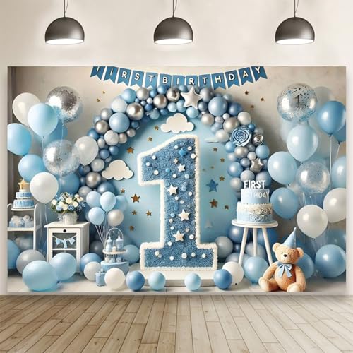 1st Happy Birthday Backdrop Blue Balloons Clouds Large Number 1 Text Design Newborn Boy Girl Birthday Party Decoration One Year Old Kids Cake Smash Decoration Studio Photo Props (A, 7X5FT) - color: A, size: 7X5FT