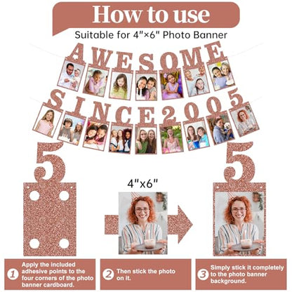 Pre-strung Awesome Since 2005 Photo Banner Birthday Decorations for Her Women- Pink Rose Gold Glitter Happy 21st Birthday and Anniversary Decorations Party Supplies - style: Pink Rose Gold 21st