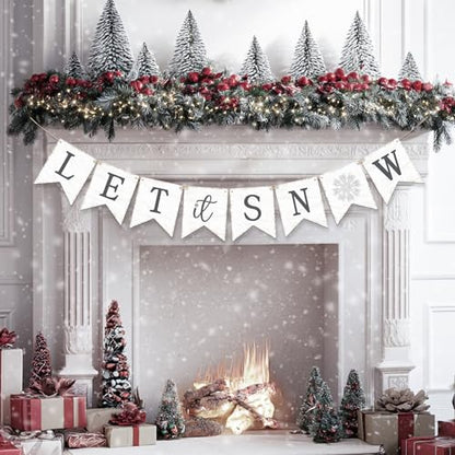 Let It Snow Banner Garland, No DIY Wooden Christmas Banner for Mantle Fireplace Wall, Rustic Let It Snow Christmas Decorations for Home, Winter Wonderland Party Decorations