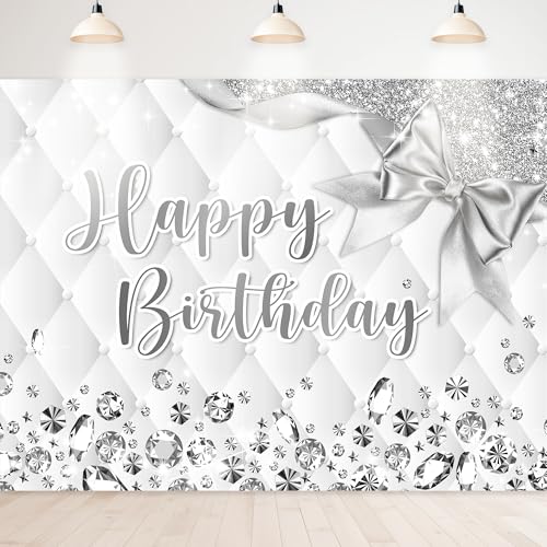 Newsely White and Silver Birthday Backdrop 8Wx6H Photography Happy Birthday Backdrop Diamonds Bday for Girls Women Background Modern Luxury Elegant Party Decorations Banner Photo Booth Props Supplies - color: B-White Silver, size: 8Wx6H