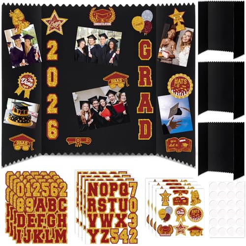 AmazingSpark 4 Sets 24 x 16 Trifold Poster Board for Graduation Photo Display Board with 12 Grad Themed Stickers for 2026 Presentation Party Decor Event Collage Frame Supplies(Red Gold) - color: Red Gold, size: 24 x 16"