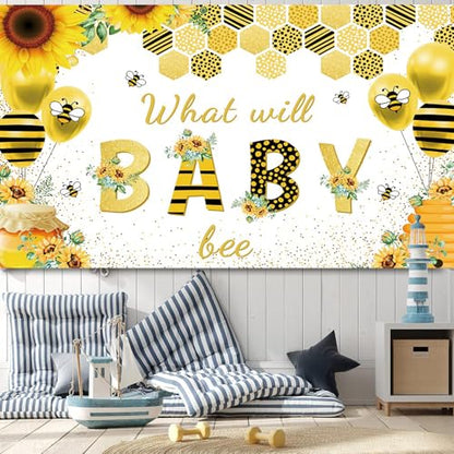 5x3ft Baby Shower Backdrop What Will Baby Bee Yellow Flower Background Kids Party Supplies Wall Banner Cake Table Decor Newborn Gender Reveal Neutral Photography Photo Booth Studio Props - size: 5x3ft