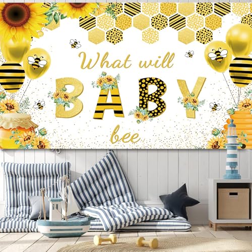 10x8ft Baby Shower Backdrop What Will Baby Bee Yellow Flower Background Kids Party Supplies Wall Banner Cake Table Decor Newborn Gender Reveal Neutral Photography Photo Booth Studio Props - size: 10x8ft