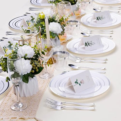 BESTSTAR 7 Inch White Plastic Plates,100PCS Disposable Dessert/Appetizer/Small Cake Plates with Silver Rim,Heavy Duty Plate Ideal for Wedding and Birthday - color: White Silver, size: 7 inch