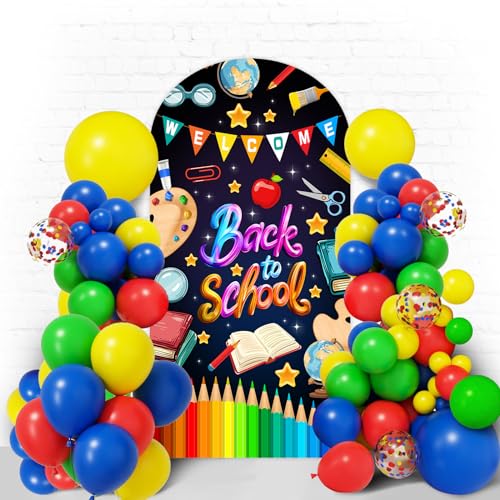 Welcome Back to School Arch Backdrop Stand Cover 7.2ft Black First Day of School Photography Background Colorful to for Classroom Party Arch Cover Backdrop Fabric 2-Sided Top Covers - color: Colorful back to school, size: 7.2FT