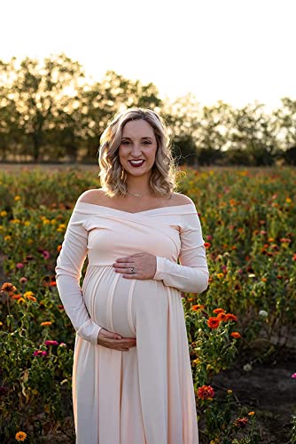 Saslax Maternity Off Shoulders Half Circle Gown for Baby Shower Photo Props Dress - color: Champagne, size: Large