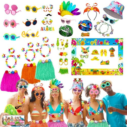 Large Summer Luau Photo Booth Props Set, Funny Hawaiian Sunglasses, Tropical Fancy Dress Props, Inflatable, Hawaiian Photo Booth Props for Summer Pool Beach Tiki Hawaii Themed Party Supplies