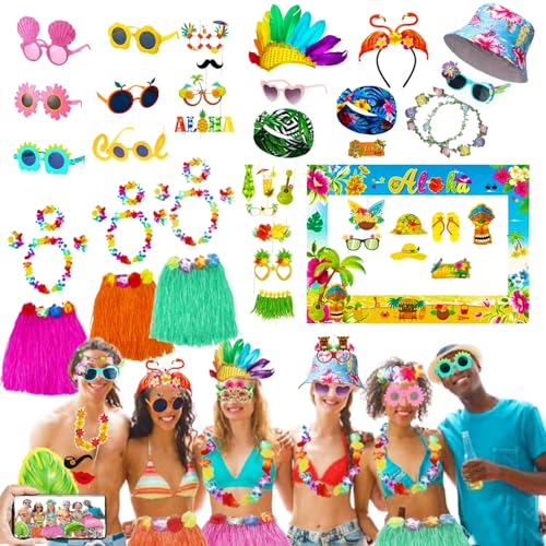 Large Summer Luau Photo Booth Props Set, Funny Hawaiian Sunglasses, Tropical Fancy Dress Props, Inflatable, Hawaiian Photo Booth Props for Summer Pool Beach Tiki Hawaii Themed Party Supplies