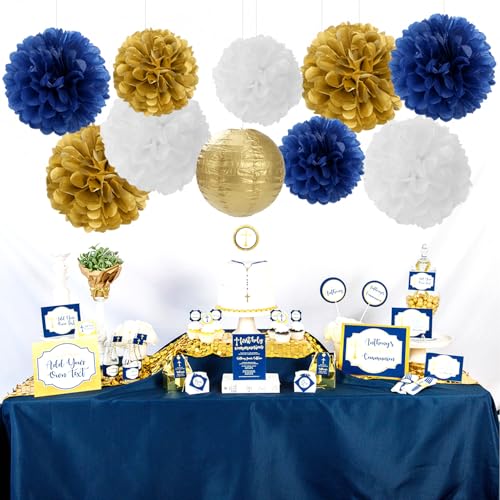 Navy-Blue Gold Party-Decorations Paper-Flowers Lanterns - 15PCS Royal White Baby Bridal Shower Tissue Pom Poms Streamers, Bachelorette Birthday Wedding Graduation Hanging Supplies Decor Hugfond - color: Blue White Gold