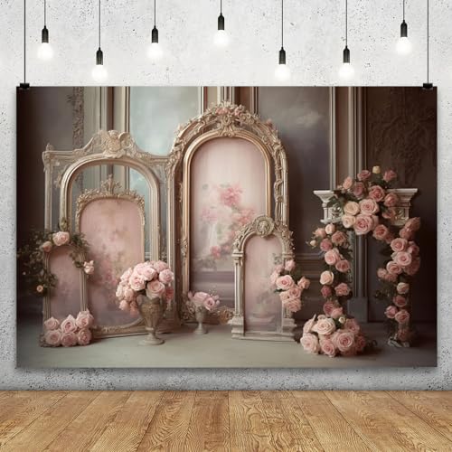 YongFoto European Retro Elegant Room Interior Wall Backdrop 10x6.5ft French Arched Oil Painting Frame Floral Vase Garland Photography Background Wedding Party Home Art Decor Portrait Photoshoot Props - color: Pink-Green, size: 10ftx6.5ft