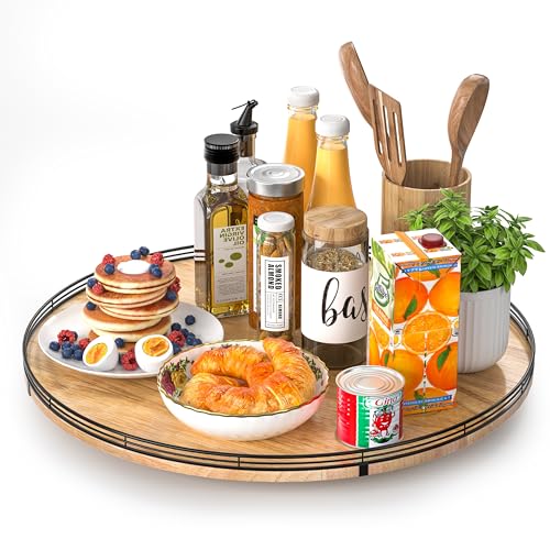 21" Lazy Susan Oak Wood Turntable Organizer for Cabinet, Farmhouse Round Wooden Large Lazy Susan Organization and Storage for Dining Table, Pantry, Kitchen, Countertop, Cupboard, Home Decor - color: Brown & Black, size: 21 inches