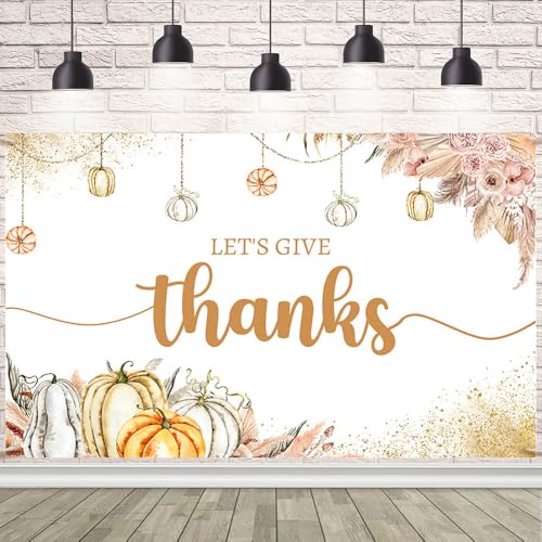 AIBIIN 7x5ft Let's Give Thanks Backdrop Happy Thanksgiving Party Background Boho Floral Pumpkins Friendsgiving Party Decorations Banner Photo Studio Props - size: 7x5ft
