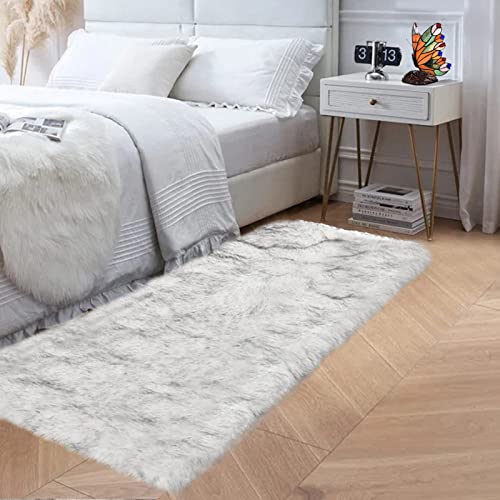 Goolela Fluffy Faux Fur Runner Rug 2x6 for Bedroom White with Grey Tips Faux Sheepskin Rug Bedside Dorm Washable Shaggy Plush Rectangle - color: White and Grey Tips, size: 2' x 6' (Rectangular)