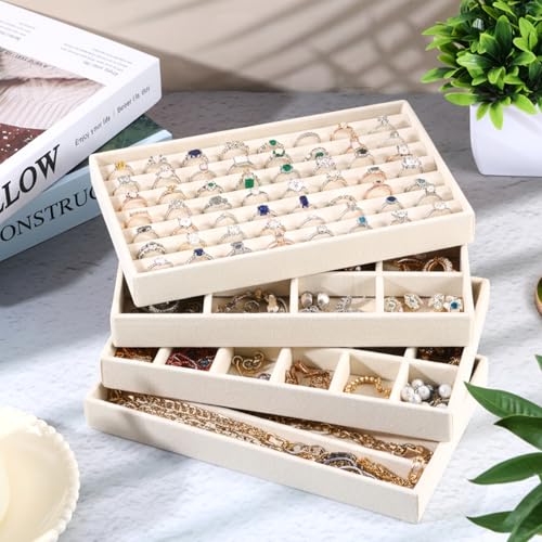 9 Pcs Stackable Jewelry Organizer Trays Velvet Jewelry Organizer for Drawer Adjustable Earring Necklace Ring Bracelet Display Storage Case, Beige