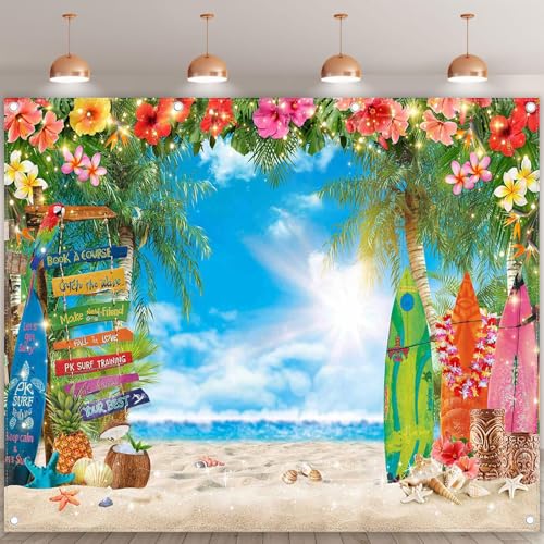 10x8ft Summer Hawaiian Beach Photography Backdrop Tropical Flower Palm Leaves Surfboard Background for Luau Aloha Party Decoration Banner Photo Booth - size: 10x8ft