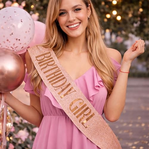 Rose Gold Glitter Birthday Sash – Adjustable Satin Sash for Women, Teens & Adults – Fun Party Decoration & Photo Prop for 18th, 21st, 30th, 40th, 50th Birthdays - color: Rose Gold Glitter