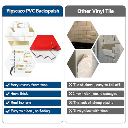 10 - Sheet Peel and Stick Backsplash Wall Tile, PVC Kitchen Backsplash, Stick on Tiles for Backsplash Kitchen (12'' X 12'', White with Gold) - color: White With Gold