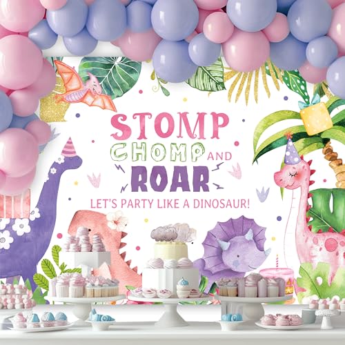 Dinosaur Backdrop 7Wx5H Feet Cartoon Dino Watercolor Purple Pink Jungle Tropical Volcano Boys Girls Baby Shower Photography Background Birthday Decorations Photo Booth Studio Prop Fabric - color: Cartoon Dinosaur-2, size: 7Wx5H