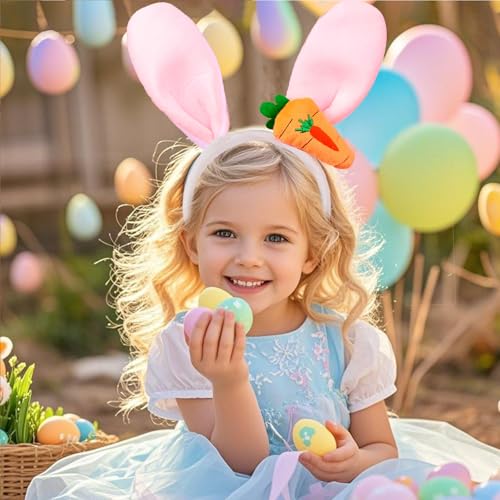 Ecuupas Easter Bunny Headbands,Pink Rabbit Ear Hairbands for Women,Orange Carrot Hair Hoop,Non-Slip Headwear Girl Hair Accessories for Easter,Makeup Cosplay Party