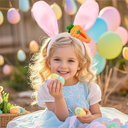 Ecuupas Easter Bunny Headbands,Pink Rabbit Ear Hairbands for Women,Orange Carrot Hair Hoop,Non-Slip Headwear Girl Hair Accessories for Easter,Makeup Cosplay Party