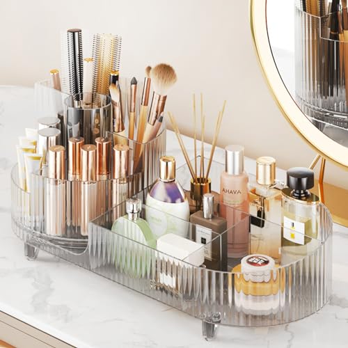 Rotating Makeup Organizer for Vanity with Brush Holder, Cosmetic Makeup Storage Organizer, Large Spinning Makeup Skincare Organizer, Countertop Makeup Perfume, Lotions Display Case (Transparent) - color: Transparent