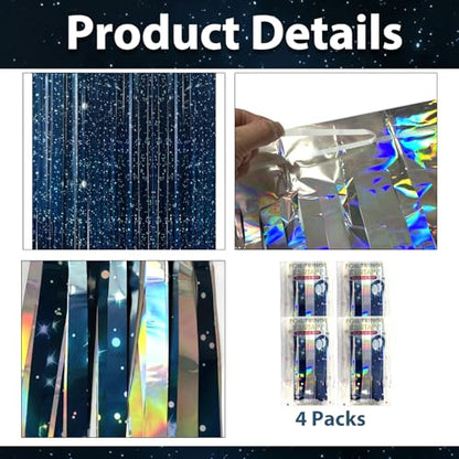 OQOQ Galaxy Foil Curtain Backdrop(4 Packs),3.3x6.6Ft Starry Night Backdrops Space Themed Party Decorations Tinsel Foil Fringe Curtains Photo Booth Props Twinkle Star Birthday Party Decoration