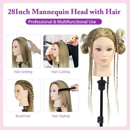 Mannequin Head with Hair with Tripod Stand - 28" Cosmetology Mannequin Head with Stand, Doll Head for Hair Styling Braiding Practice Manikin Head with Tripod Set, Ombre Golden - color: Golden&Tripod