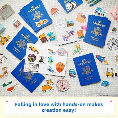 15 Pcs Fake Passport Book for Kids with 150 Non-Repeating Stickers (Including 3 Themes), Suitable for Party Favors, Scrapbooking, Arts and Crafts, School Supplies, Wall Stickers