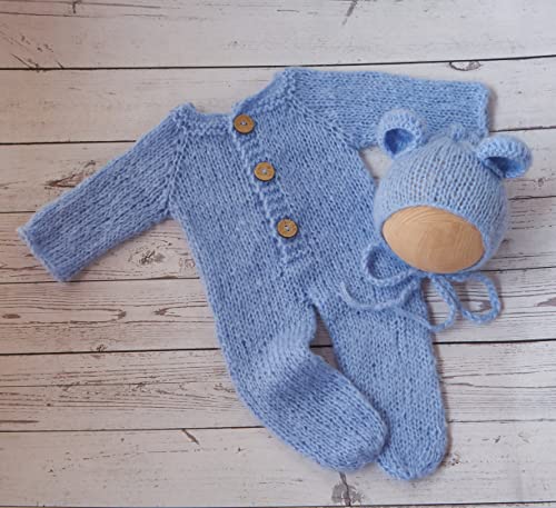 Newborn Photography Props Boys Girls Outfits Mohair Bear Hat Bonnet & Footed Romper Bodysuit Photoshoot Costume Set - color: Light Blue