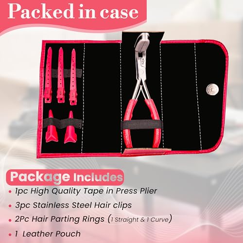 Beauty & Crafts Tape in Hair Extension Tools Kit with Flat Surface Stainless Steel Tape in Hair Extensions Sealing Clamp Plier, 2 Hair Parting Rings, 3 Hair Clips With Leather Pouch (Pink)