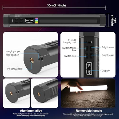 PULUZ Magnetic Handheld Light Wand, Full Color RGB Light Stick, LED Fill Light with 3000mAh Rechargeable Battery, 2500-9000K Dimmable Camera Tube Light for Studio Photography TikTok YouTube Vlog, 30cm - size: 11.8 inches