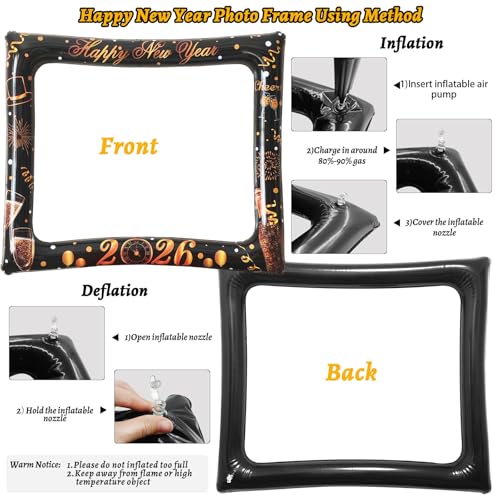 32PCS Funny New Year Photo Booth Props, Inflatable New Year Photo Booth Frame, Happy New Year Selfie Frame for New Year Party Supplies - color: Black New Year