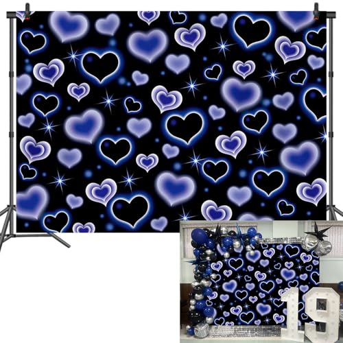 Blue Heart 2000s Backdrop Banner Black and Blue Sweet Y2K Photography Background Early 2000s Party Decorations Photo Banner Props Supplies 7x5FT - color: blue, size: 7x5ft(2.1m X 1.5m)