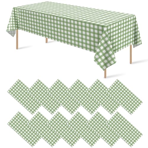 12Pack Sage Green Plastic Checkered Tablecloth, Premium Decorative Disposable Sage Green Gingham Plaid Table Cloths for Parties, Rectangle Party Table Cover for Picnic Birthday Wedding, 54x108 Inch - color: Sage Green Checkered, size: 54"x108"-12 Pack