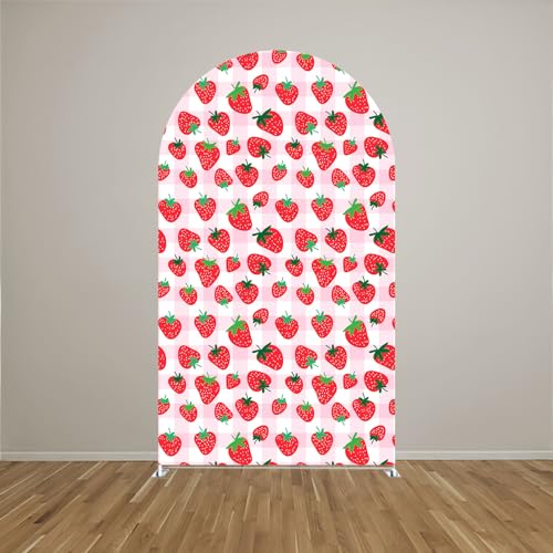 Pink Strawberry Stretchy Arch Cover Backdrop Photo Booth Background Birthday Baby Shower Baptism Party Decoration Curved Top Frame Spandex (GX-2667,6x2.6ft) - color: GX-2667, size: 6x2.6ft