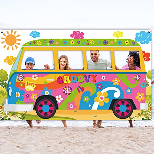 60's Hippie Bus Photo Prop 60s Party Decorations Large Fabric Retro Groovy Van Prop Hippie Selfie Frame Backdrop Background Banner Birthday Party Supplies Retro 60s 70s Party Favors 65.8 x 35.4 Inch - style: 60's Hippie