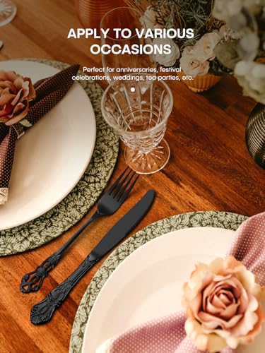 Stapava 40 Pcs Black Silverware Set, Gorgeous Retro Royal Silverware Set for 8, Stainless Steel Mirror Flatware Cutlery Set, Include Forks Spoons and Knives set, Dishwasher Safe Utensils - style: Retro Royal Black