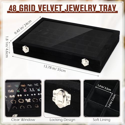Nosiny 2 Pcs Velvet Jewelry Tray 48 Grid Jewelry Display Tray Organizer Box with Transparent Lid Rings Earrings Necklaces Pendants Display Box for Women Cases Dressing Tables Drawers