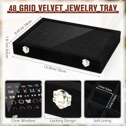 Nosiny 2 Pcs Velvet Jewelry Tray 48 Grid Jewelry Display Tray Organizer Box with Transparent Lid Rings Earrings Necklaces Pendants Display Box for Women Cases Dressing Tables Drawers