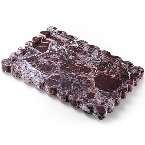 14" x 10" Large Genuine Rosso Levanto Scalloped Marble Tray, Pre-Sealed for Stain & Water Resistance, Luxury Decorative Trays for Vanity, Bathroom, Dresser, Coffee Table, Home Decor - color: Rosso Levanto