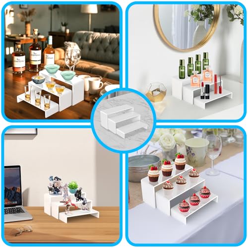6 PCs Risers Display Stands 3 Tiers Desktop Acrylic Shelves Cake Dessert Holder Products Stand for Collectibles Shoes Jewels Pop Figure (White) - color: White 6 PCs