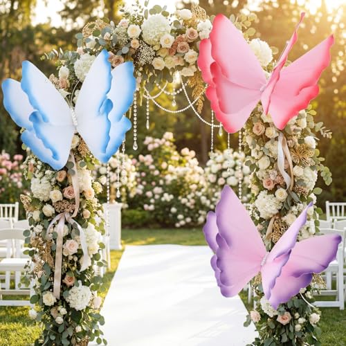 Havawish 3 Pcs Giant Butterfly Decoration Artificial 3D Large Butterflies Prop for Wedding Reception Birthday Garden Banquet Ceremony Church Pink Purple Blue - color: Pink, Purple, Blue, size: Butterfly