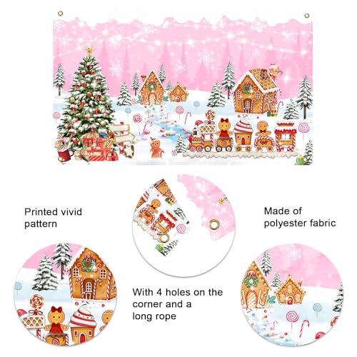 Mocsicka Christmas Gingerbread House Backdrop Banner Pink Merry Christmas Candyland Backdrop Winter Xmas Baby Shower Birthday Family Holiday Party Decortaions Photo Booth Props - color: Pink