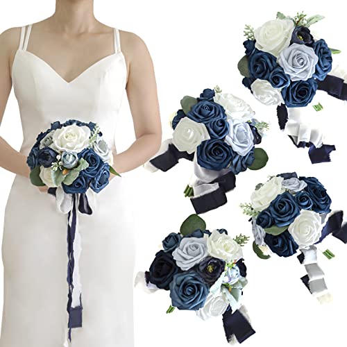Lookein Set of 4 Bridesmaid Bouquet 7 Inch Artificial Flowers/ Bridal Bouquet Tossing Bouquet for Wedding Ceremony Anniversary Bridal Shower, Classic Navy Blue - color: 7" Classic Navy Blue