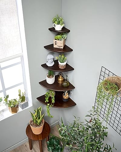 Corner Shelves, Floating Corner Shelf, Set of 2 7inch Solid Oak Wood Corner Wall Shelves, Round End with Wire Hole for Small Plant for Bedroom Kitchen, Living Room - color: Walnut, size: 7in 2P