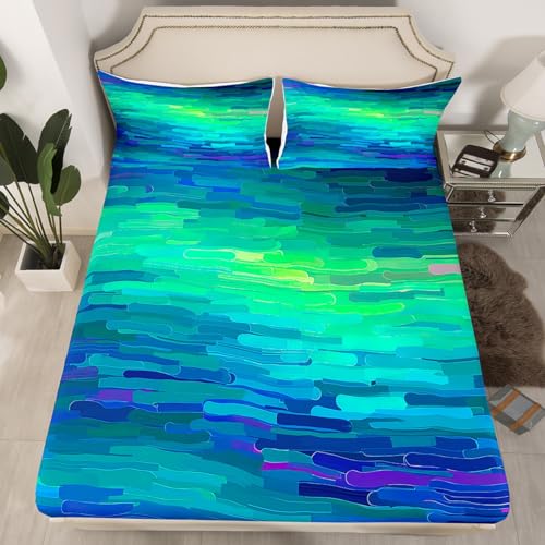 Erosebridal Blue Green Fitted Sheet Twin Ombre Sheet Set for Kids Boys Girls Teens Adult,Hip Hop Texture Bed Sheets Retro Watercolor Grunge Hippie Top Sheet Modern Abstract Art Room Decor - color: Multi 07, size: Twin