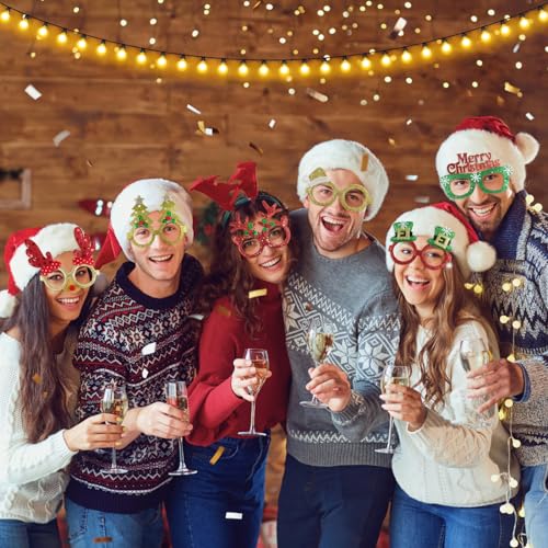 GoosWexmzl 24 Pcs Christmas Glasses Frames, Christmas Tree Santa Reindeer Glitter Eyeglasses, Funny Christmas Decoration Accessories for Adults, Holiday Favors Photo Booth props
