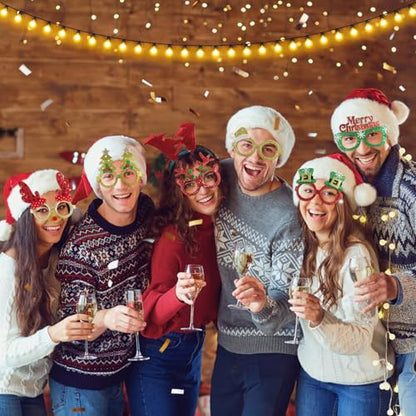 GoosWexmzl 24 Pcs Christmas Glasses Frames, Christmas Tree Santa Reindeer Glitter Eyeglasses, Funny Christmas Decoration Accessories for Adults, Holiday Favors Photo Booth props