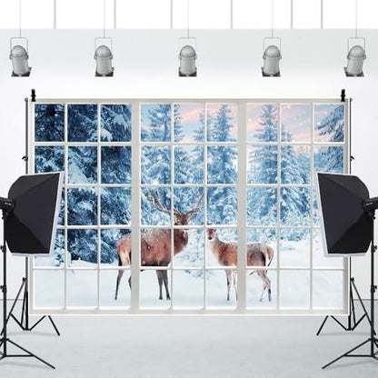 6x4ft Winter Snow Reindeer Photo Backdrop Snow Forest Window View Photography Backdrop Snow Background Photo Prop Christmas Winter Tapestry for Wall Decor - size: 6x4ft-Polyester